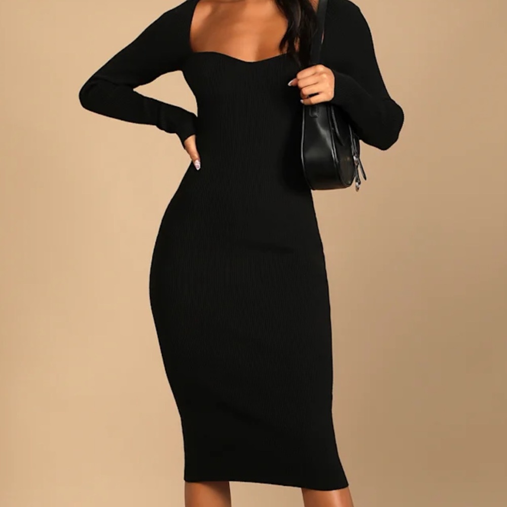 Lulus Fall Feelings Black Ribbed Bodycon Midi Dress